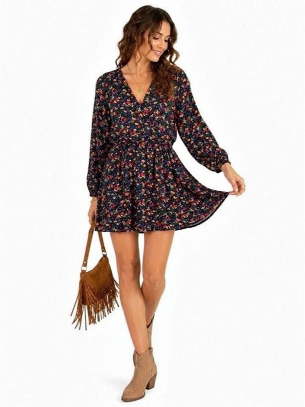 Gap Floral Long Sleeve Half Wrap Mini Dress Black & Multicolor Large